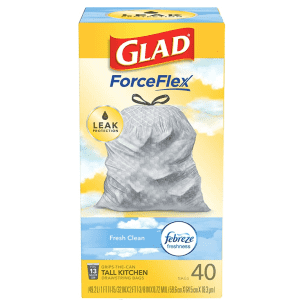 Glad ForceFlex Tall Drawstring Trash Bag 40-Pack for $6 Glad ForceFlex Tall Drawstring Trash Bag 40-Pack for $6