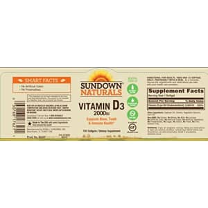 Sundown Vitamin D3 2000 Iu, Supports Immune, Bone and Teeth Health*, 150 Softgels Non-GMO, Free of for $18