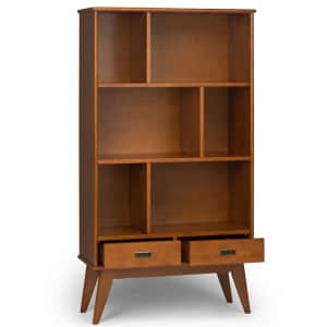 Simpli Home Draper 64" Solid Hardwood 6-Cubby Bookcase w/ 2 Drawers for $375