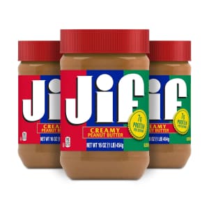 Jif Creamy Peanut Butter 16-oz. Jar 3-Pack for $6.55 via Sub & Save Jif Creamy Peanut Butter 16-oz. Jar 3-Pack for $6.55 via Sub & Save