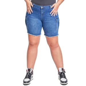 YMI Women's Plus Size Low Rise Frayed Cargo Bermuda Shorts, Medium Blue, 20 for $19