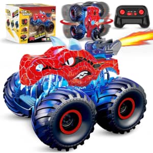 Kidcia Remote Control Dinosaur Car with Spray and Sound for $12