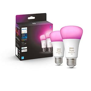 Philips Hue 2-Pack White and Color A19 Medium Lumen Smart Bulb, 1100 Lumens, Bluetooth & Zigbee for $75