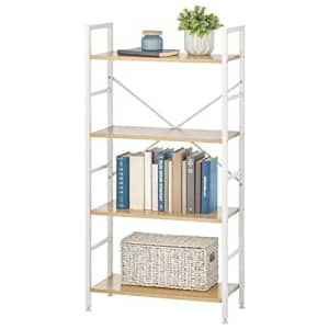 mDesign Industrial Metal and Wood 4 Tier Bookshelf, Tall Modern Etagere Bookcase Shelving Furniture for $55