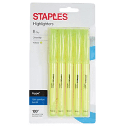 Staples Hype Chisel-Head Stick Highlighters 5-Pack: 67 cents Staples Hype Chisel-Head Stick Highlighters 5-Pack: 67 cents