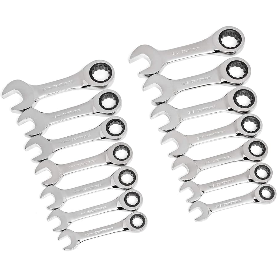 GearWrench 14-Piece 12 Point Stubby Ratcheting SAE/Metric Combination Wrench Set: $35 GearWrench 14-Piece 12 Point Stubby Ratcheting SAE/Metric Combination Wrench Set: $35
