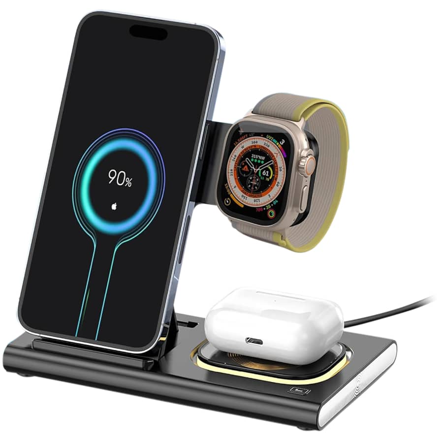 Brookstone 3-in-1 Desktop Wireless Charging Station: $20