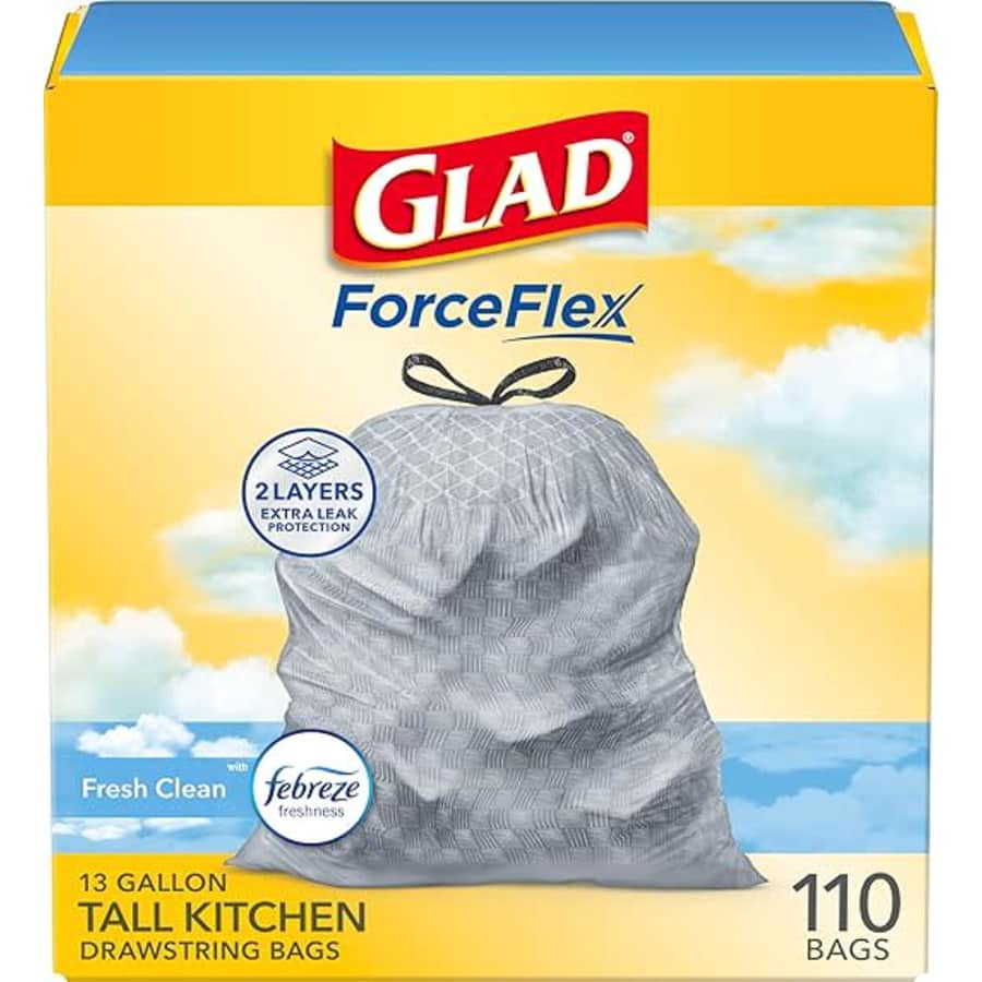 Glad Tall Kitchen Drawstring 13-Gallon Trash Bags 110-Count: $14 w/ subscribe & save Glad Tall Kitchen Drawstring 13-Gallon Trash Bags 110-Count: $14 w/ subscribe & save