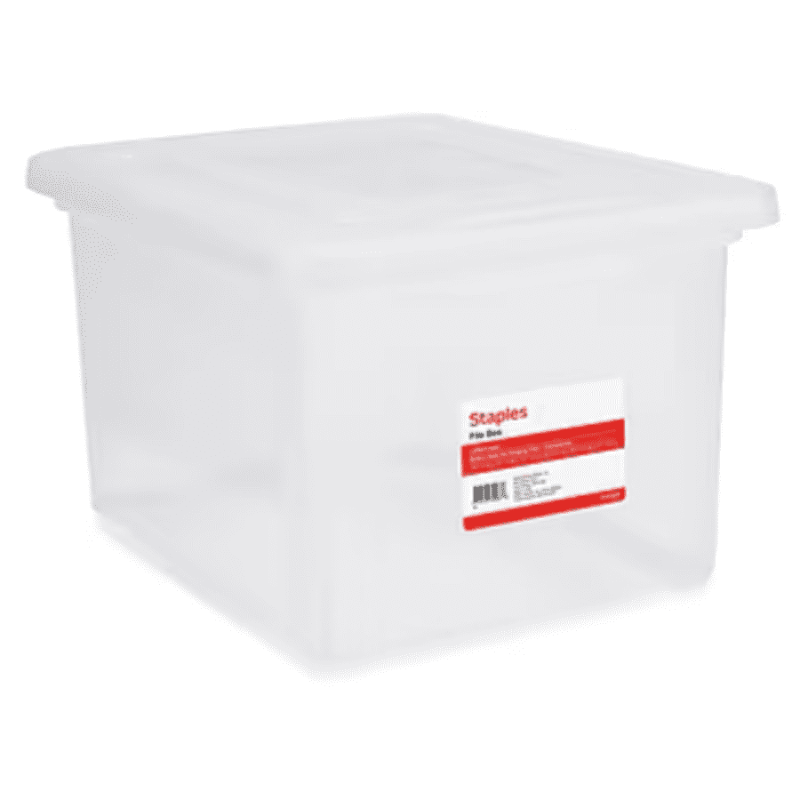 Staples 18" Plastic File Box: $9.99 Staples 18" Plastic File Box: $9.99