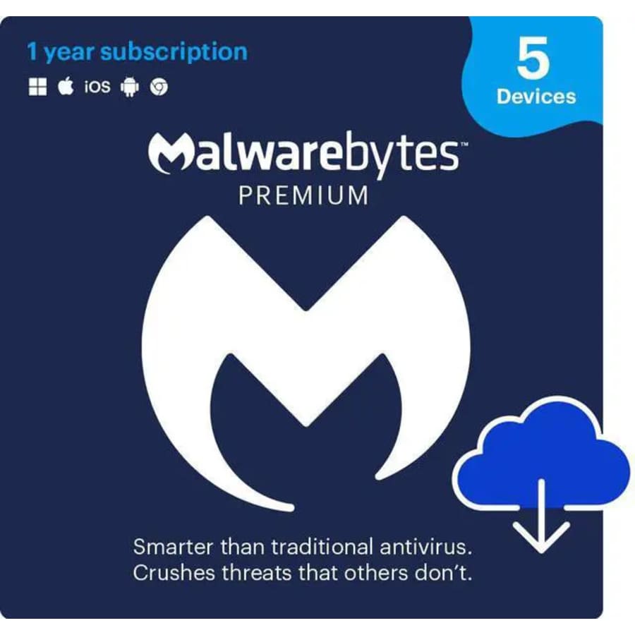 Malwarebytes Premium Security 5-Device 1-Year Software Subscription: $25