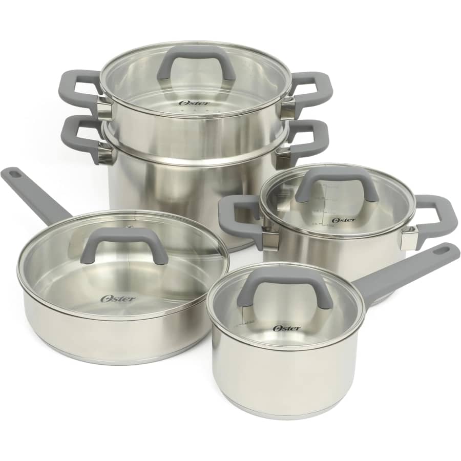 Oster Beauford 9-Piece Stainless Steel Cookware Set: $48