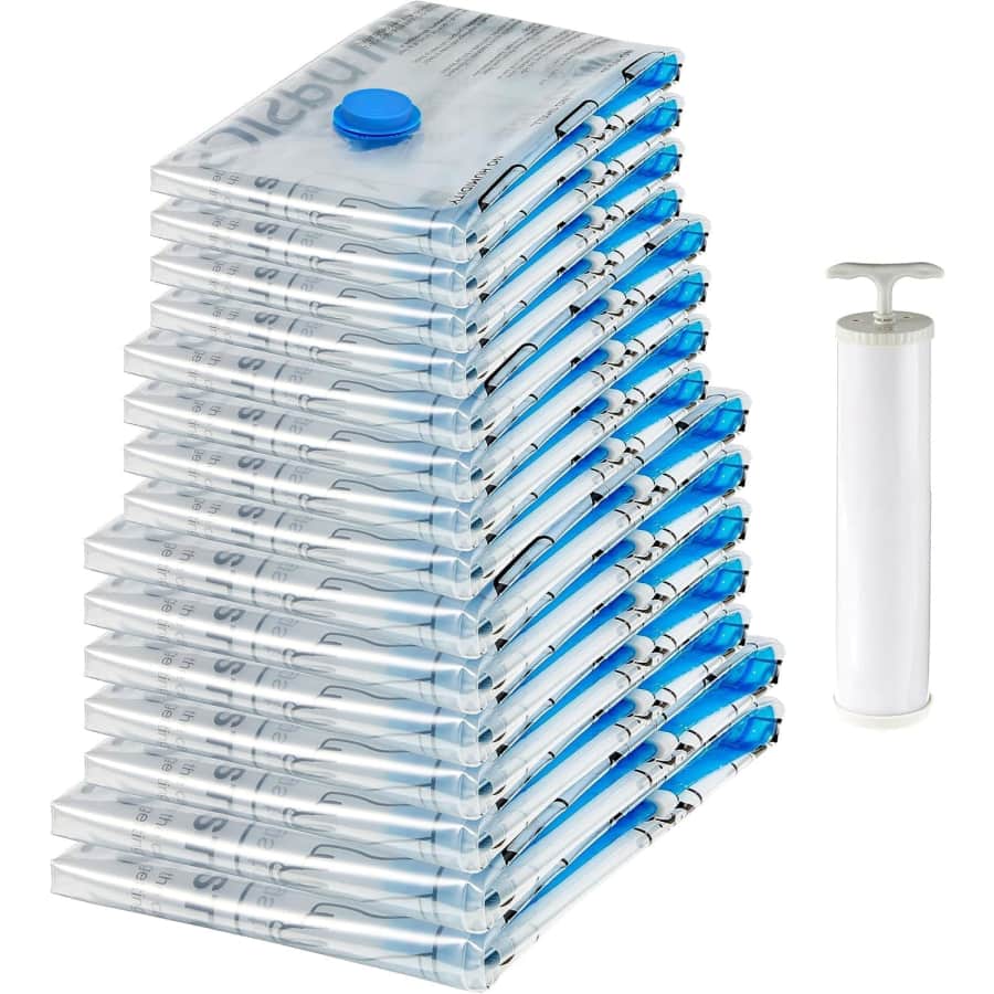 Amazon Basics Vacuum Compression Storage Bag 15-Pack w/ Hand Pump: $18