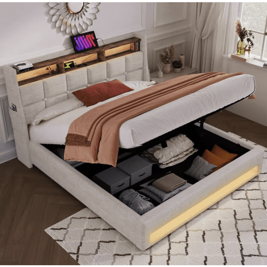 Harper & Bright Designs Queen Hydraulic Storage Platform Bed with LED Lights: $325