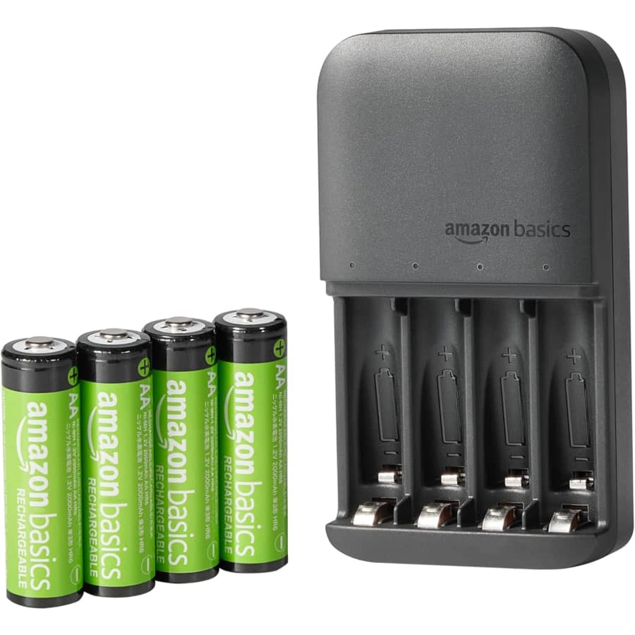 Amazon Basics 4-Bay Battery Charger with Rechargeable AA NiMh Batteries: $10