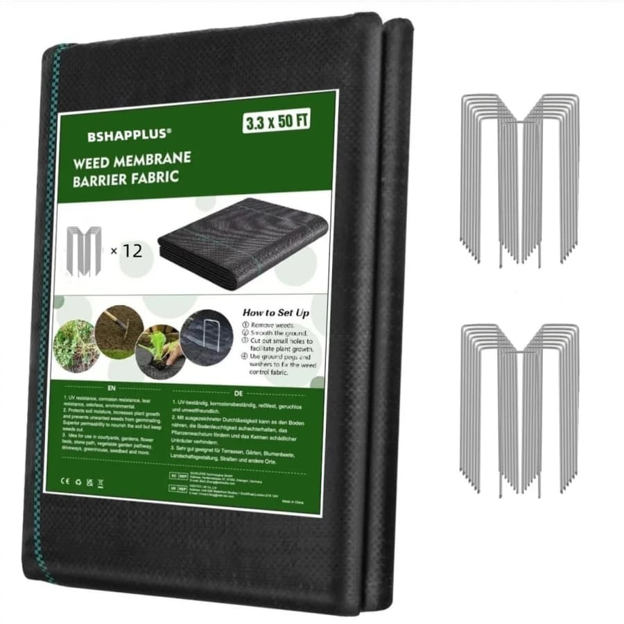 50-ft. Heavy-Duty Geotextile Weed Barrier Fabric w/ 12 U-Shaped Pegs: $16