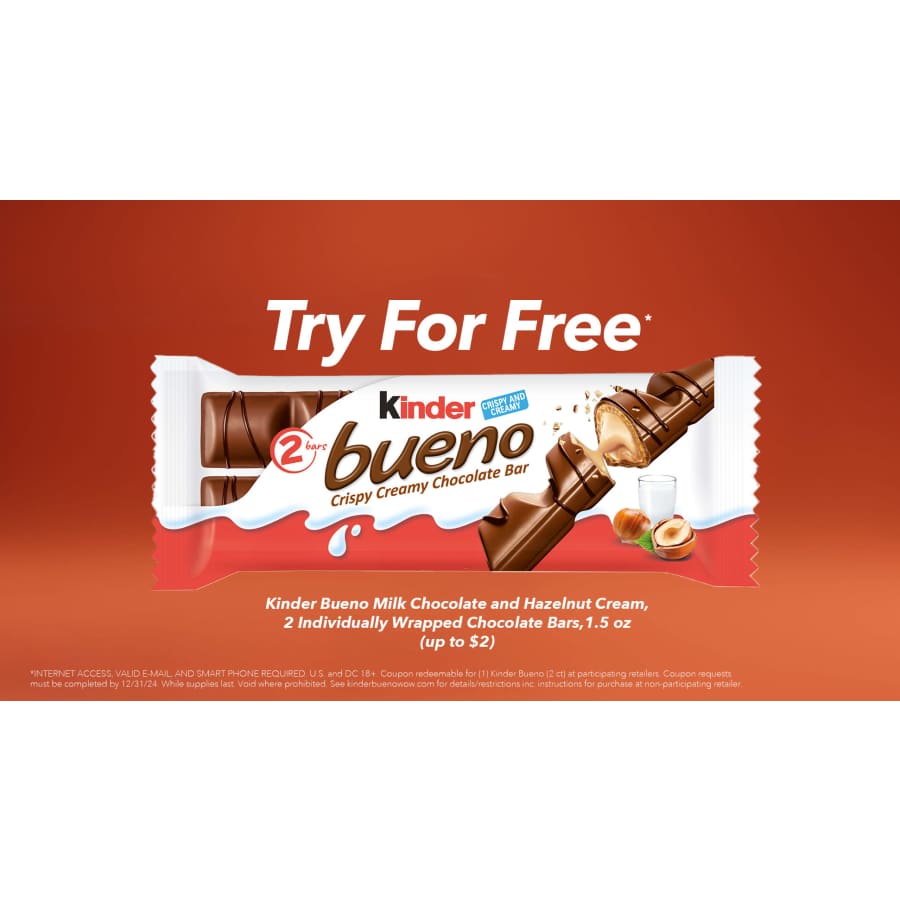 Kinder Bueno: free w/ receipt redemption