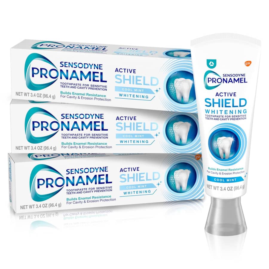 Sensodyne Pronamel 3.4-oz. Active Shield Whitening Enamel Toothpaste 3-Pack: $13 w/ Subscribe & Save Sensodyne Pronamel 3.4-oz. Active Shield Whitening Enamel Toothpaste 3-Pack: $13 w/ Subscribe & Save
