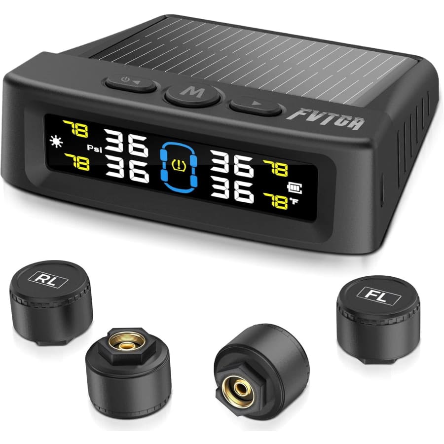 Tire Pressure Monitoring System w/ Solar and USB Charger: $28