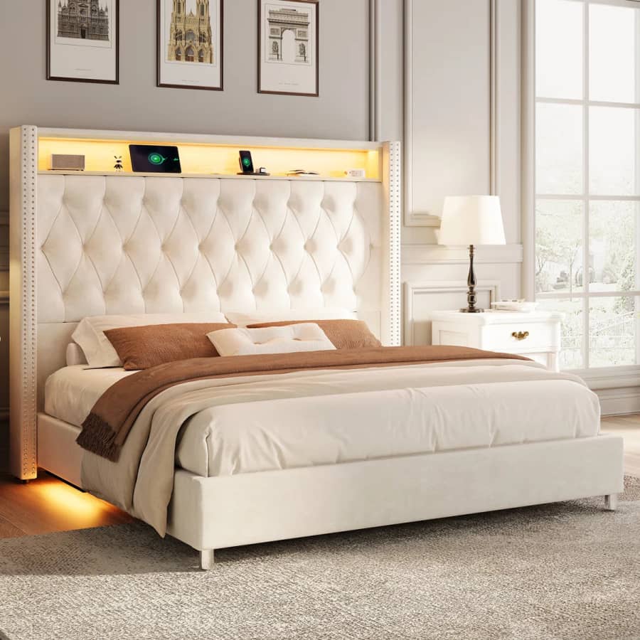 Wade Logan Ashaya King Upholstered Wingback Storage Bed: $267.99