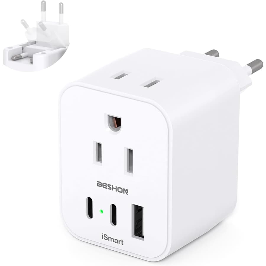 Foldable European Travel Plug Adapter w/ 2 AC Outlets & 3 USB Ports: $6.99