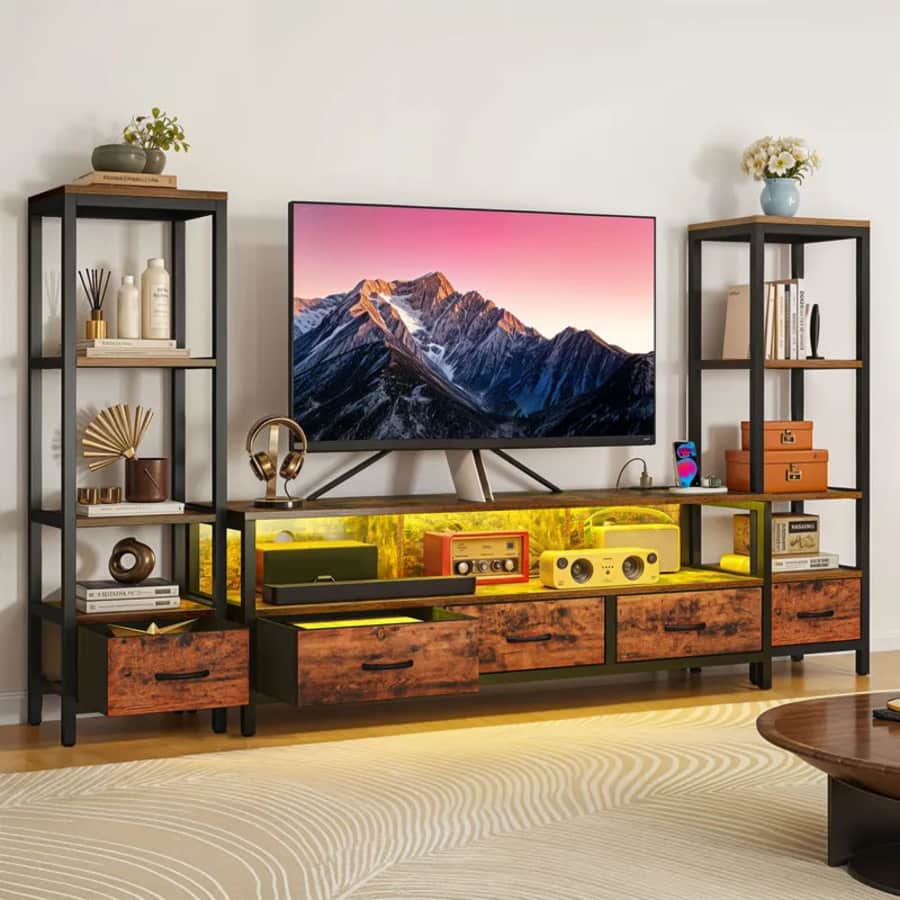 Yitahome 59" Mid-Century Modern LED TV Stand w/ 2-Count 4-Tier Bookshelves: $129.99