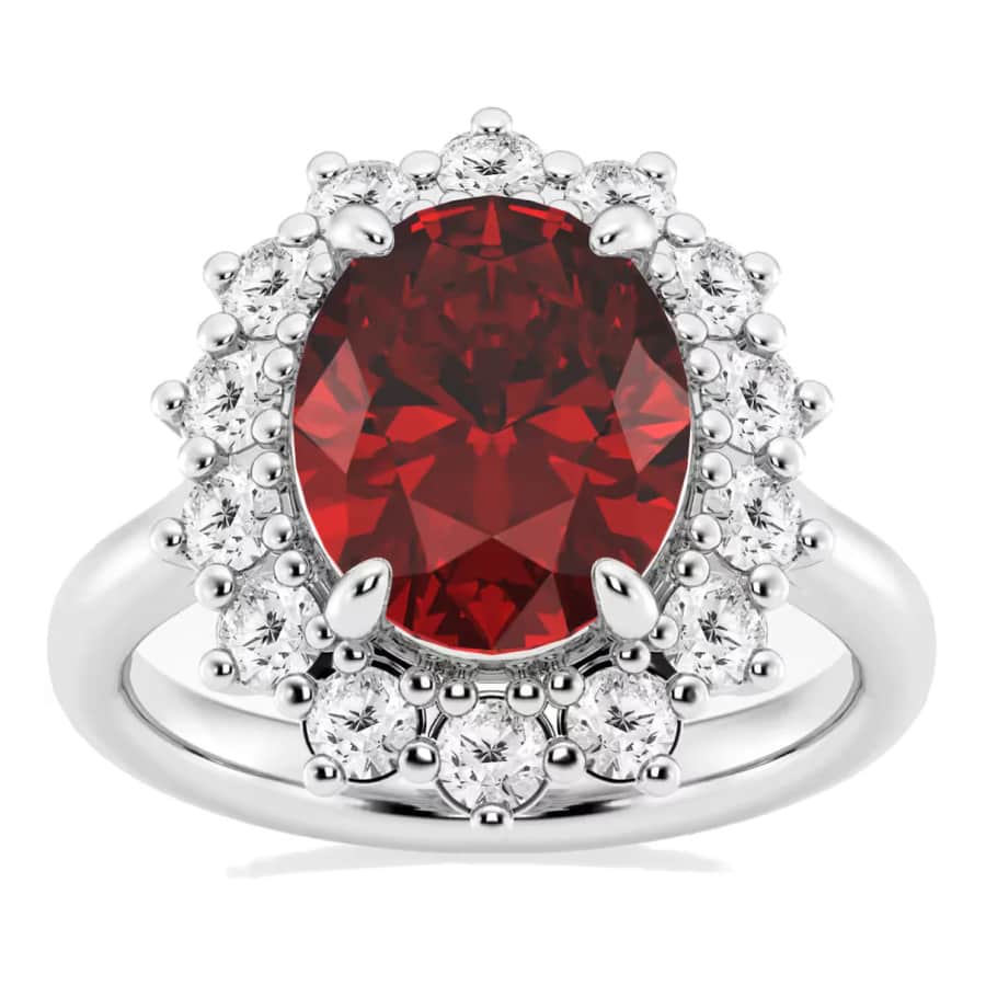 3.00-TCW Oval Lab Ruby Princess Diana Ring with Lab Diamond Halo: $1,000