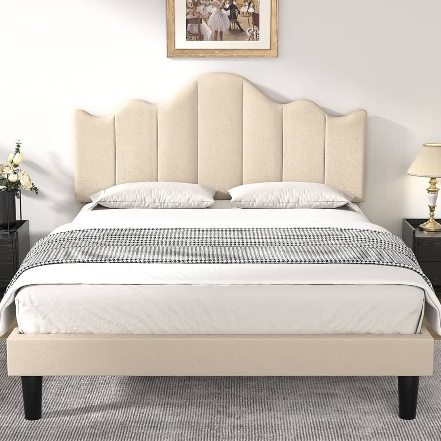 Vecelo Upholstered Platform Queen Bed Frame w/ Adjustable Headboard: $75