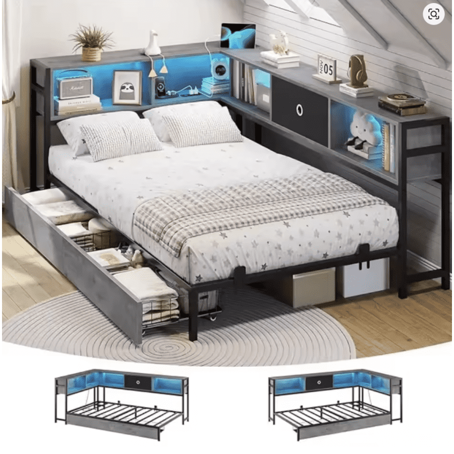 Corner Twin Bed Frame w/ Bookshelf and LED Lights: $141 Corner Twin Bed Frame w/ Bookshelf and LED Lights: $141