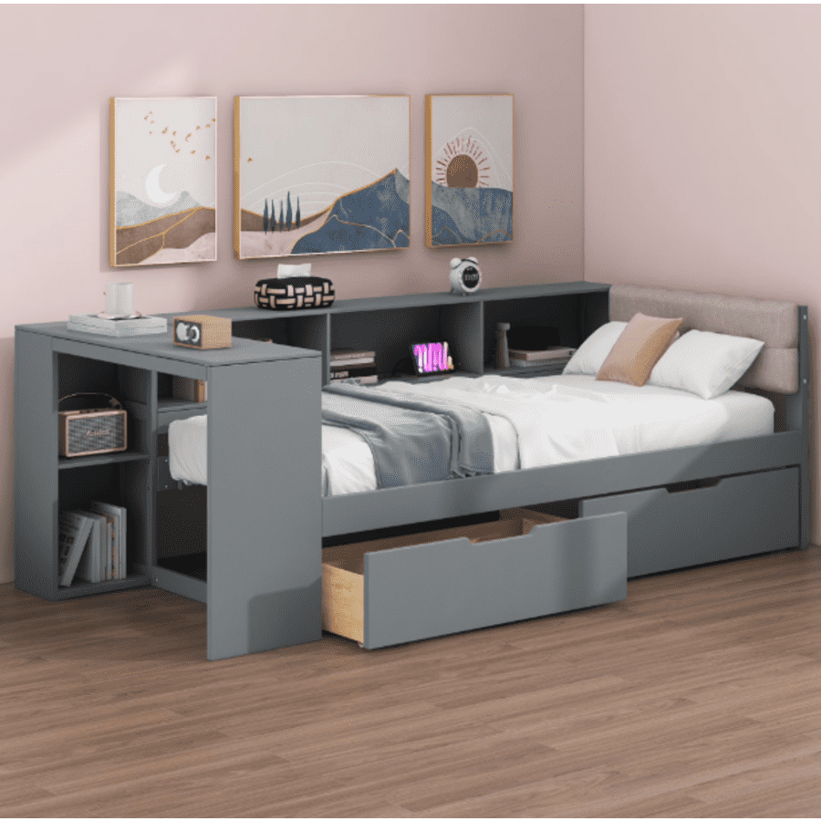 Euroco Wood Twin Size Platform Bed with Desk and Shelves: $227