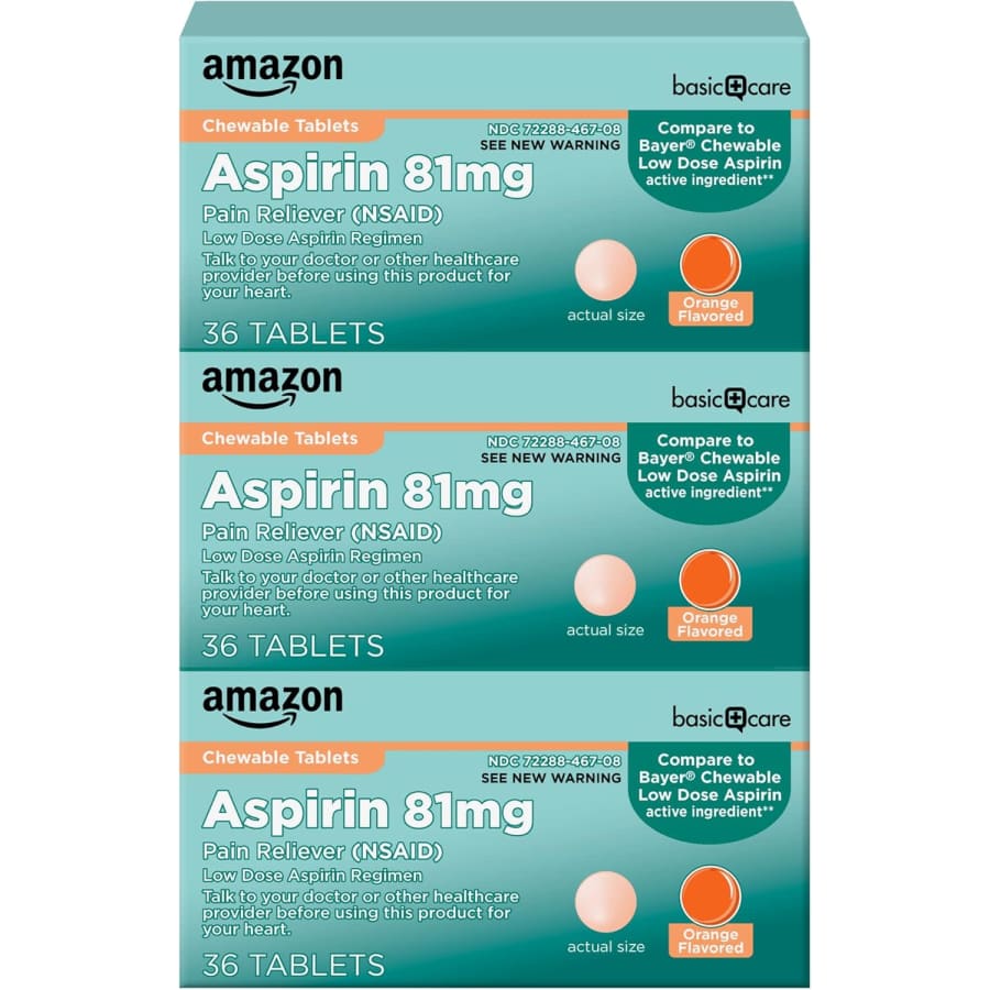 Amazon Basic Care Aspirin 81mg Chewable Tablets 36-Count 3-Pack (108 total): $2.09 via Sub & Save Amazon Basic Care Aspirin 81mg Chewable Tablets 36-Count 3-Pack (108 total): $2.09 via Sub & Save