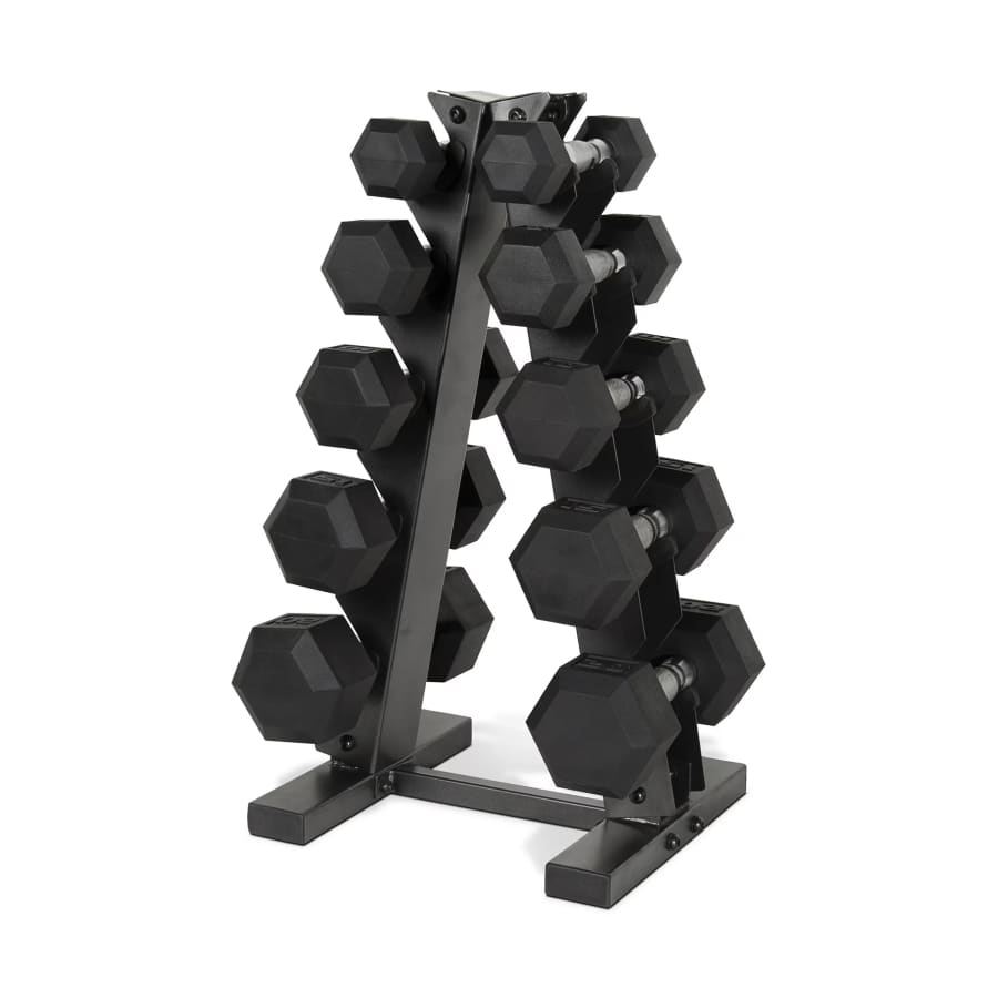 CAP 150-lb. Coated Rubber Hex Dumbbell Weight Set with A-Frame Rack: $112