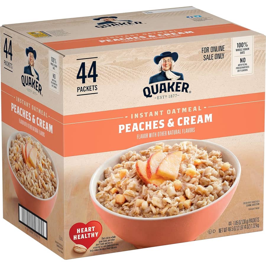 Quaker Peaches & Cream Instant Oatmeal 44-Count Box: $12