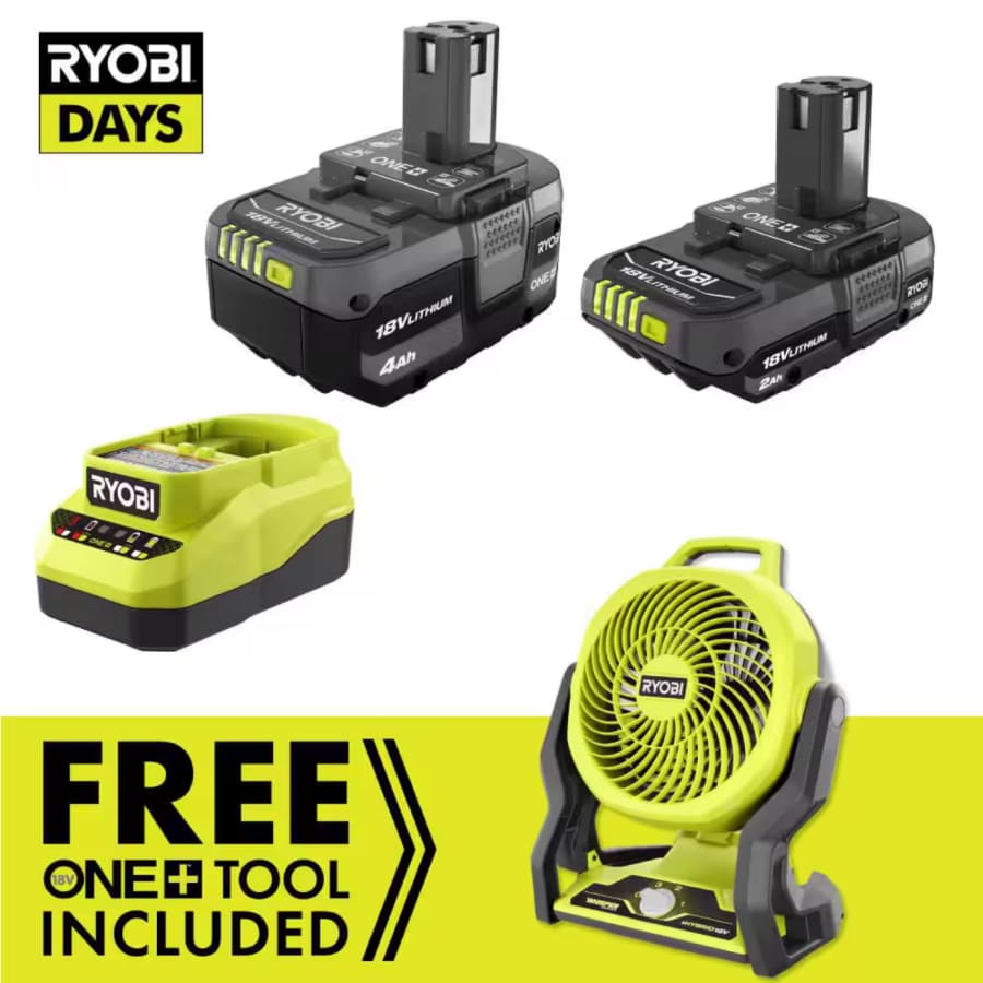 Ryobi ONE+ 18V 4.0Ah Battery, 2.0Ah Battery, and Charger Kit w/ ONE+ Hybrid Whisper Series 7-1/2" Fan: $99 Ryobi ONE+ 18V 4.0Ah Battery, 2.0Ah Battery, and Charger Kit w/ ONE+ Hybrid Whisper Series 7-1/2" Fan: $99