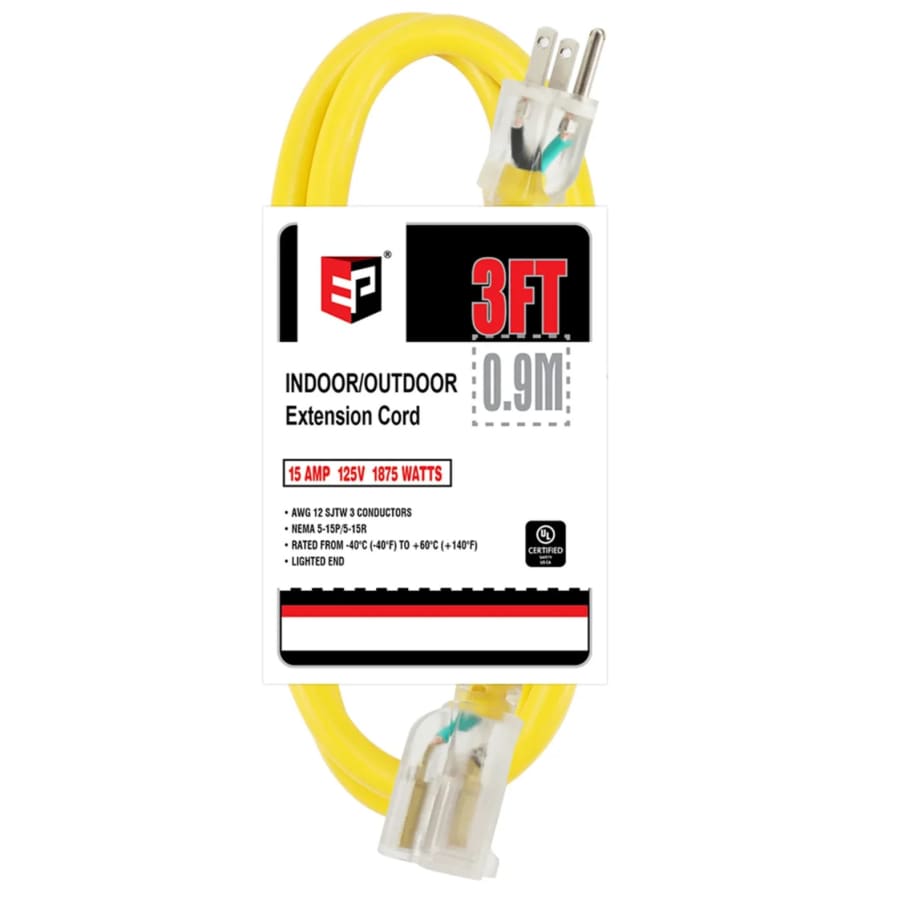 EP 3-Foot 12/3 Gauge Yellow 1 Outlet SJTW Extension Cord: $8.99