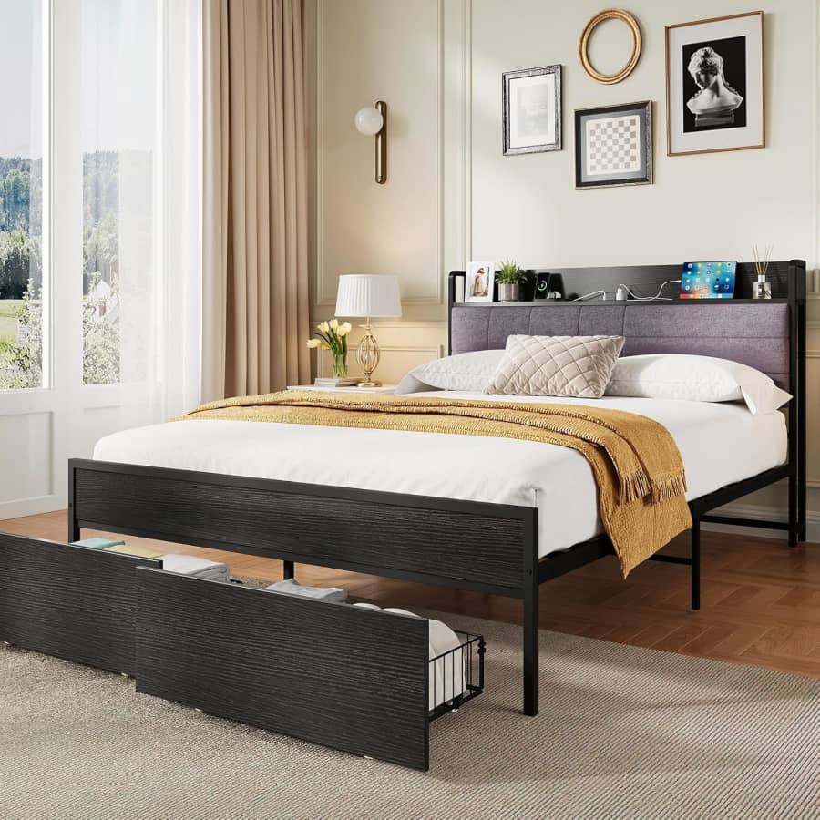 Takywep Queen Bed Frame with Storage and Charging Station: $83.49