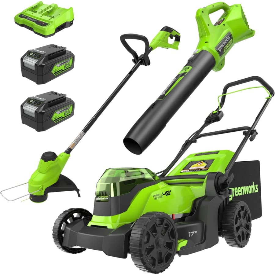Greenworks Brushless Mower, String Trimmer, Blower, and Battery Combo: $330