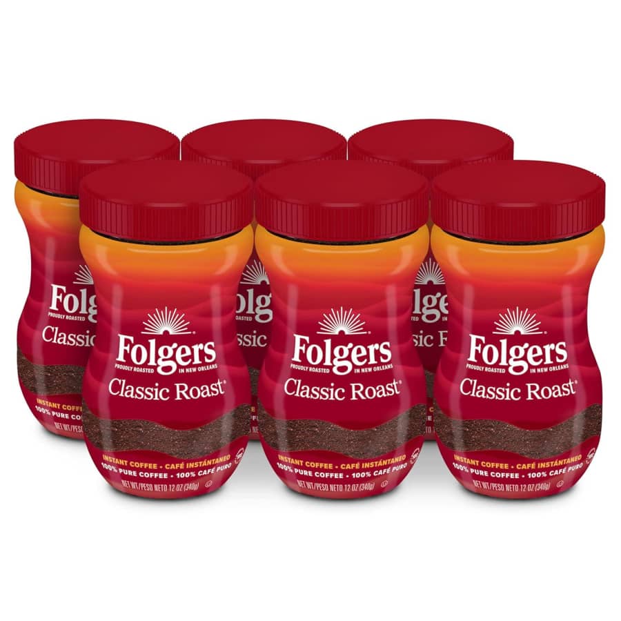 Folgers Classic Roast Instant Coffee 12-oz. Jar 6-Pack: $32 via Sub & Save Folgers Classic Roast Instant Coffee 12-oz. Jar 6-Pack: $32 via Sub & Save