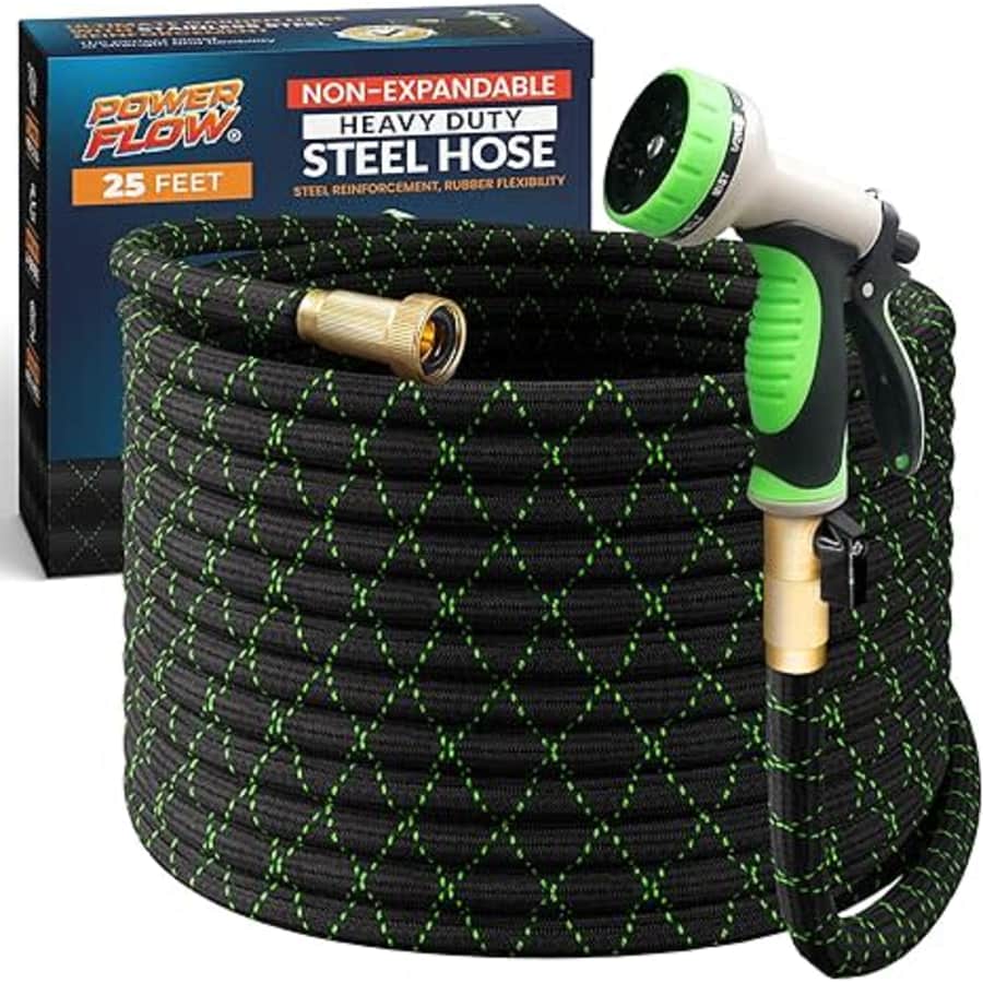 PowerFlow 25-Foot Steel Garden Hose w/ Spray Nozzle: $29.99