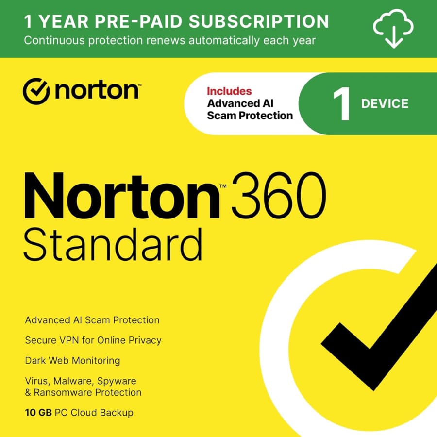 Norton 360 Standard 2025 1-Devoce Software for PC: $20