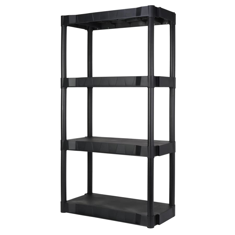 Hyper Tough Black Plastic 4-Tier Shelving Unit: $30