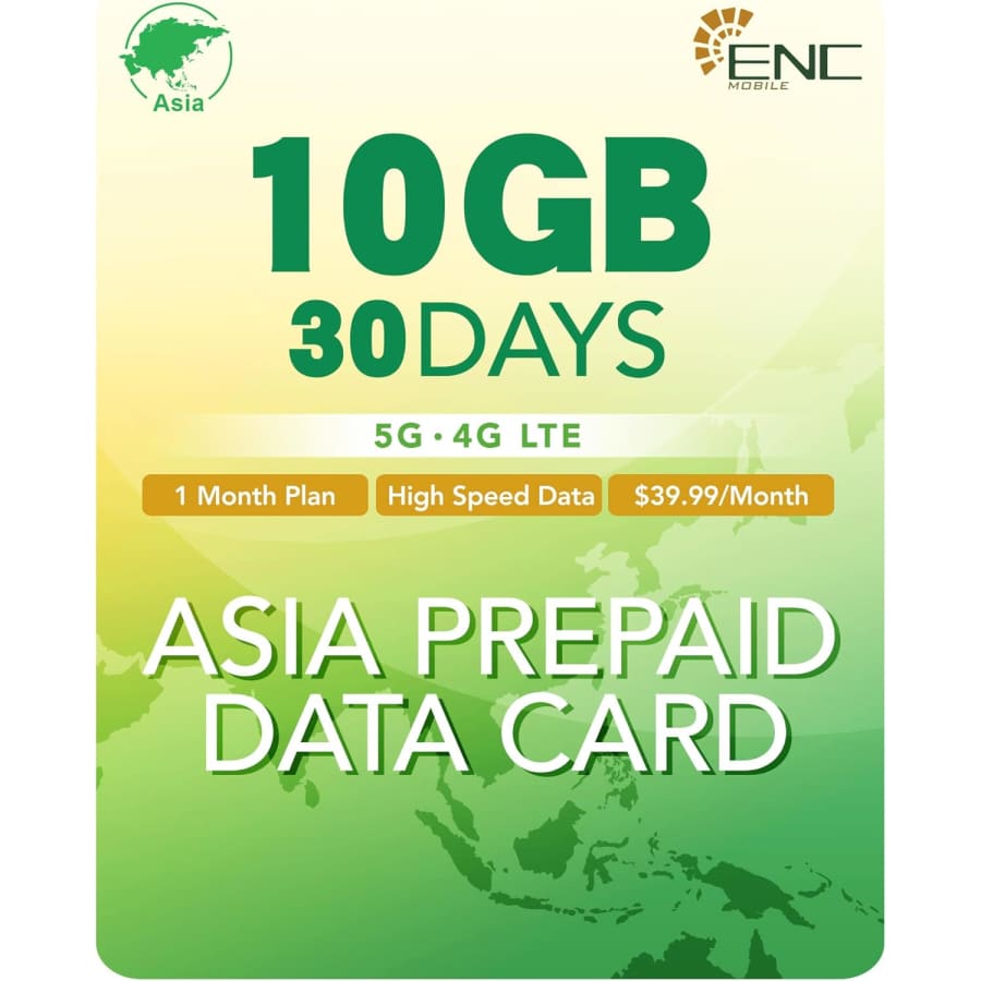 ENC Mobile 10GB 30-Day Pre-Paid Asia Data Only SIM Card: $15.59 ENC Mobile 10GB 30-Day Pre-Paid Asia Data Only SIM Card: $15.59