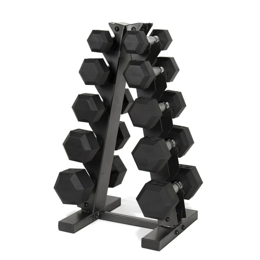 CAP 150-lb. Coated Rubber Hex Dumbbell Weight Set with A-Frame Rack: $149 CAP 150-lb. Coated Rubber Hex Dumbbell Weight Set with A-Frame Rack: $149