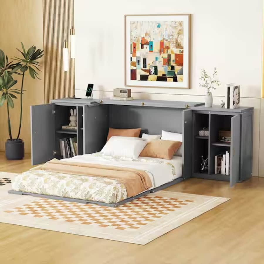 Polibi Wood-Frame Murphy Bed w/ Shelves, Cabinets & USB Ports: $243