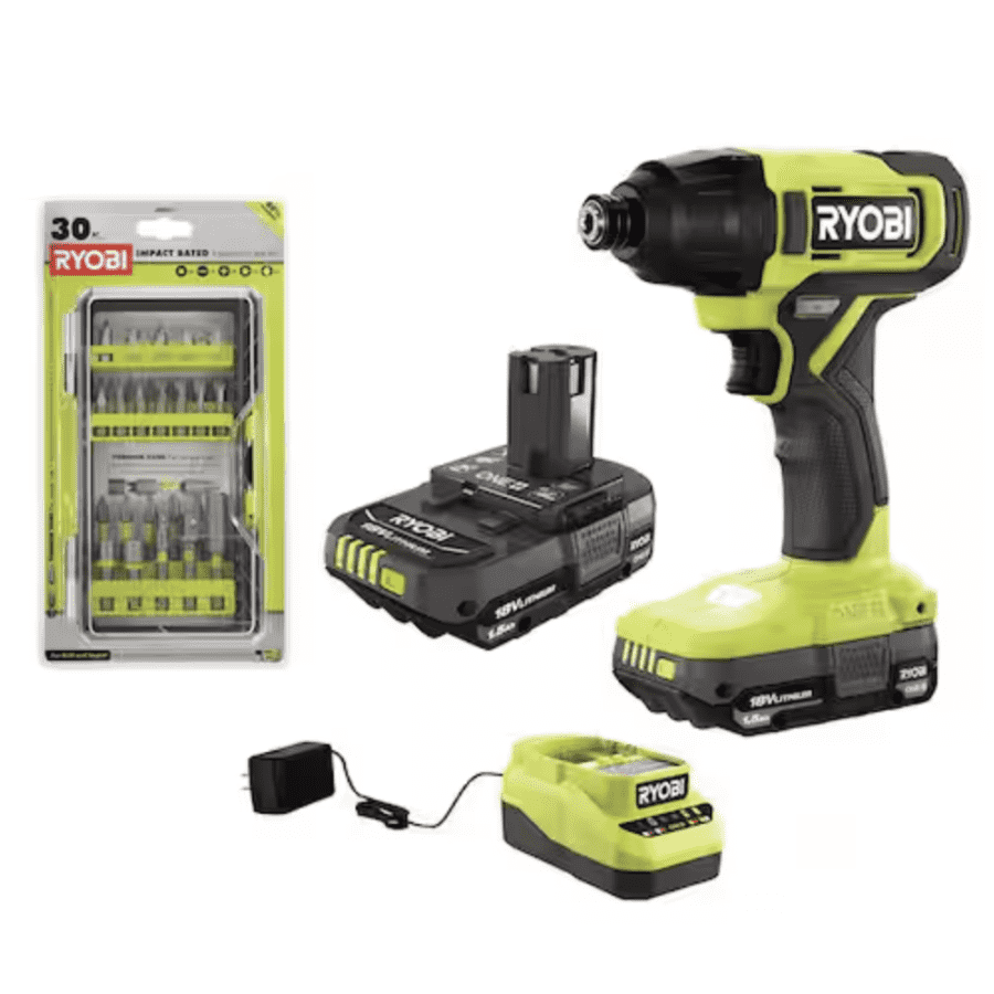 Ryobi ONE+ 18V Cordless 1/4" Impact Driver Kit with Two 1.5 Ah Batteries, Charger, and 30-Piece Driving Kit: $89