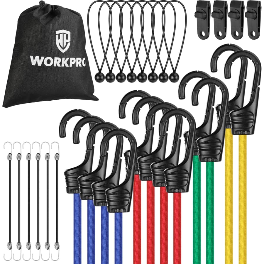 WorkPro Heavy Duty 30-Piece Bungee Cords w/ Hooks & Storage Bag: $16