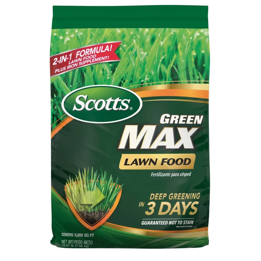 Scotts Green Max Lawn Food Fertilizer Plus Iron Supplement 17 lbs. Bag: $33 Scotts Green Max Lawn Food Fertilizer Plus Iron Supplement 17 lbs. Bag: $33