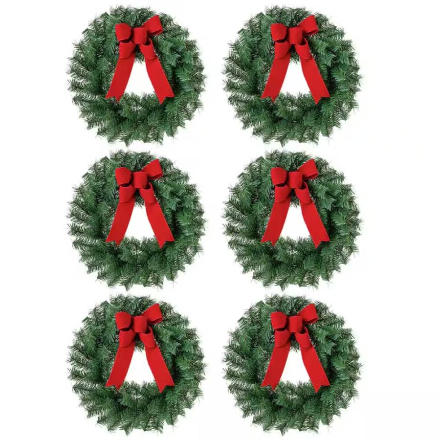 Home Accents Holiday 14" Unlit Artificial Christmas Wreath w/ Red Bow 6-Pack: $49.98