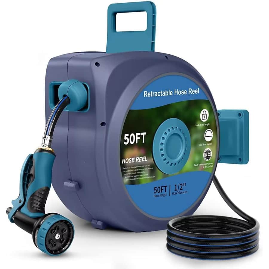Tuzoc Retractable 50-Foot Garden Hose with Reel: $56