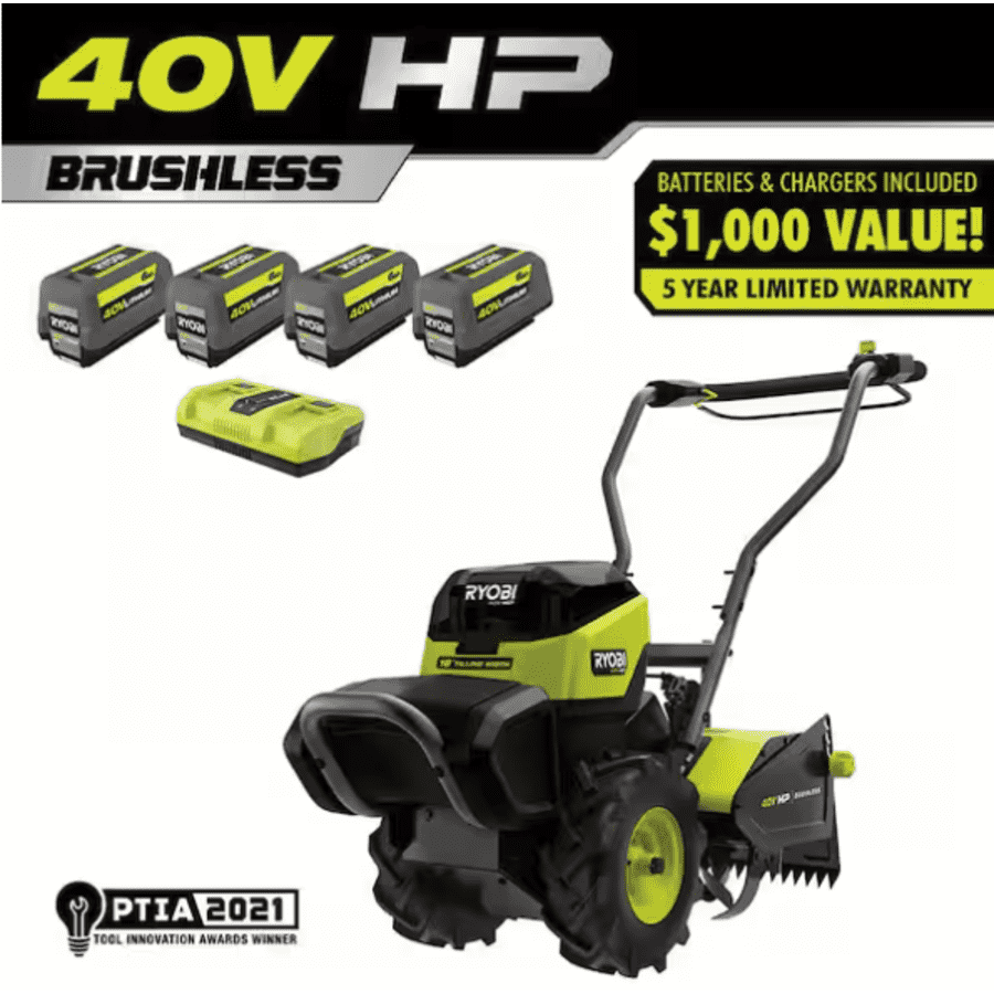 Ryobi 40V HP Brushless 18" Battery Powered Tiller w/ 4 Batteries and Charger: $599