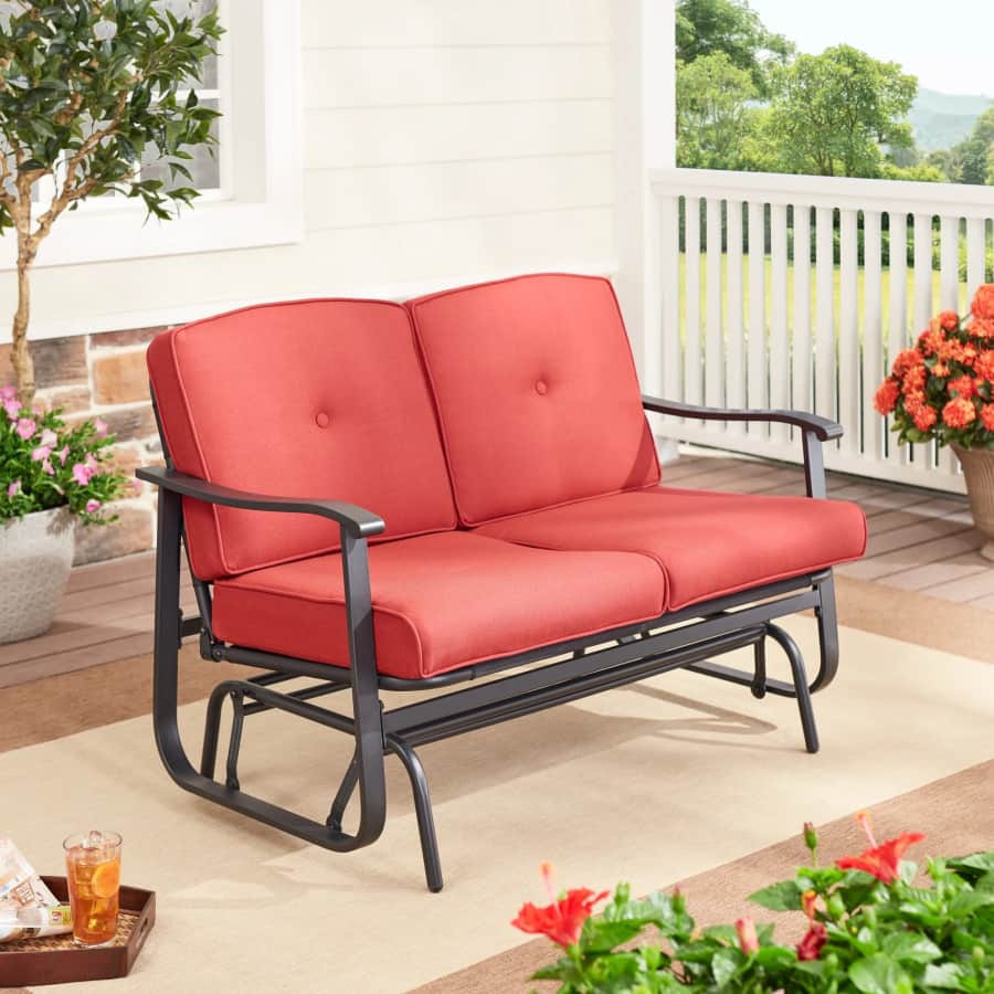 Mainstays Belden Park Cushion Steel Outdoor Glider Bench: $79 Mainstays Belden Park Cushion Steel Outdoor Glider Bench: $79